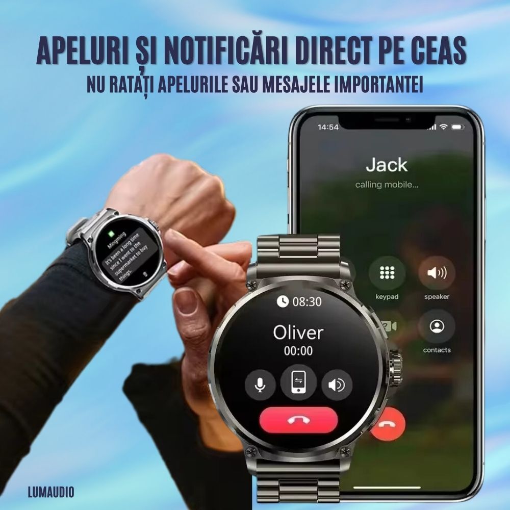 Ceas Smartwatch Bărbați LUMAUDiO ZenTIME, Autonomie 10 Zile, Preluare și inițiere Apeluri, Meniu în Română, 2 Curele