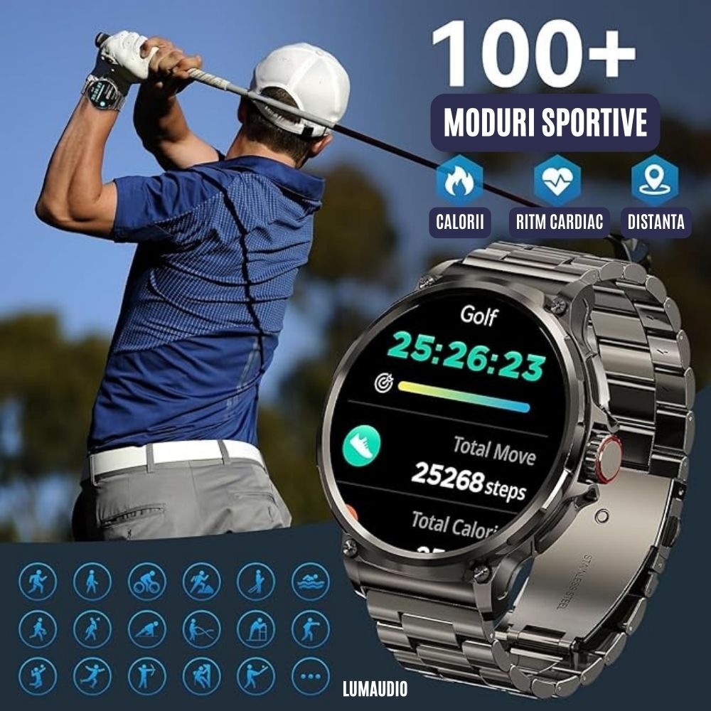 Ceas Smartwatch Bărbați LUMAUDiO ZenTIME, Autonomie 10 Zile, Preluare și inițiere Apeluri, Meniu în Română, 2 Curele