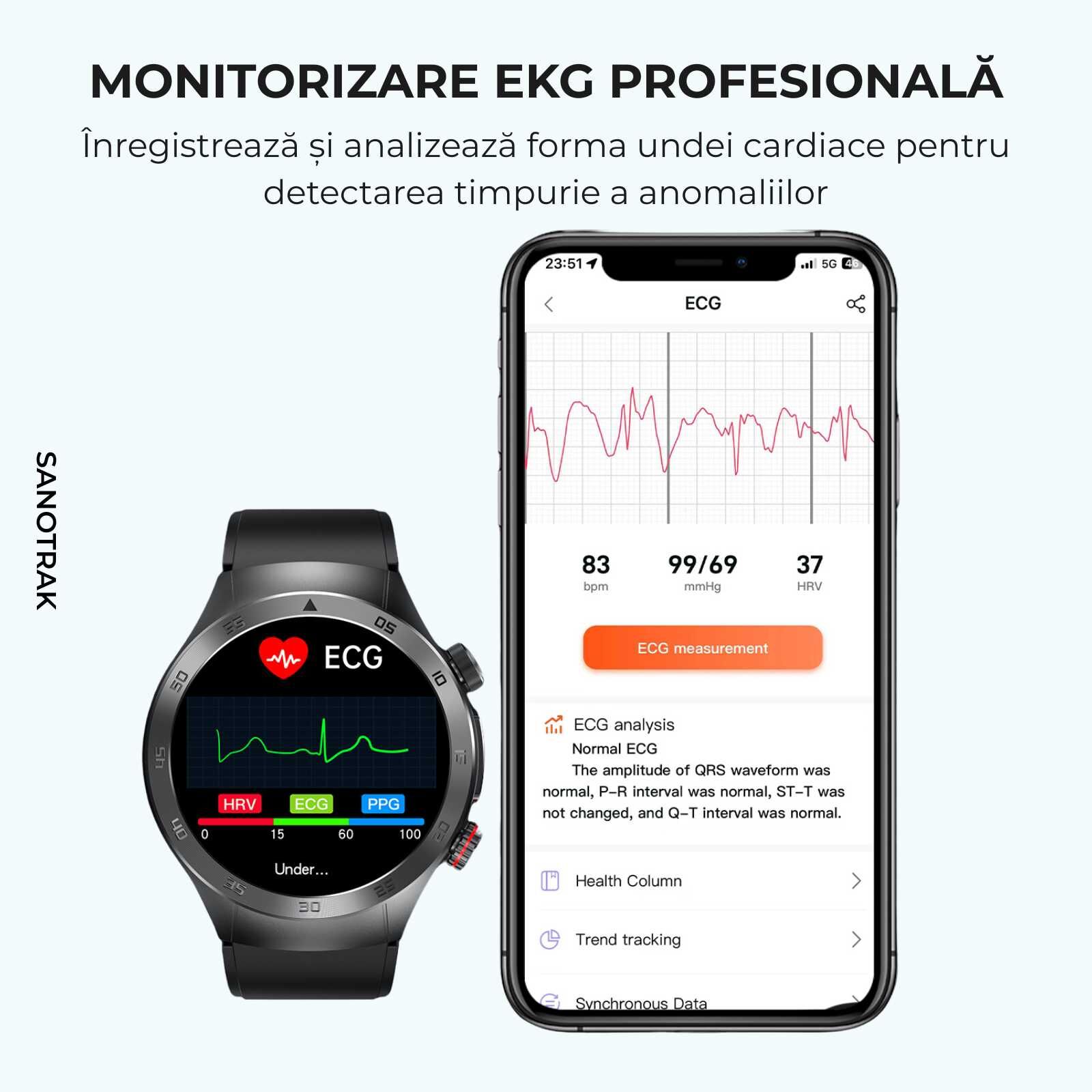 Ceas Smartwatch SANOTRAK Agent cu Monitorizare Avansată a Sănătății și Meniu în Limba Română