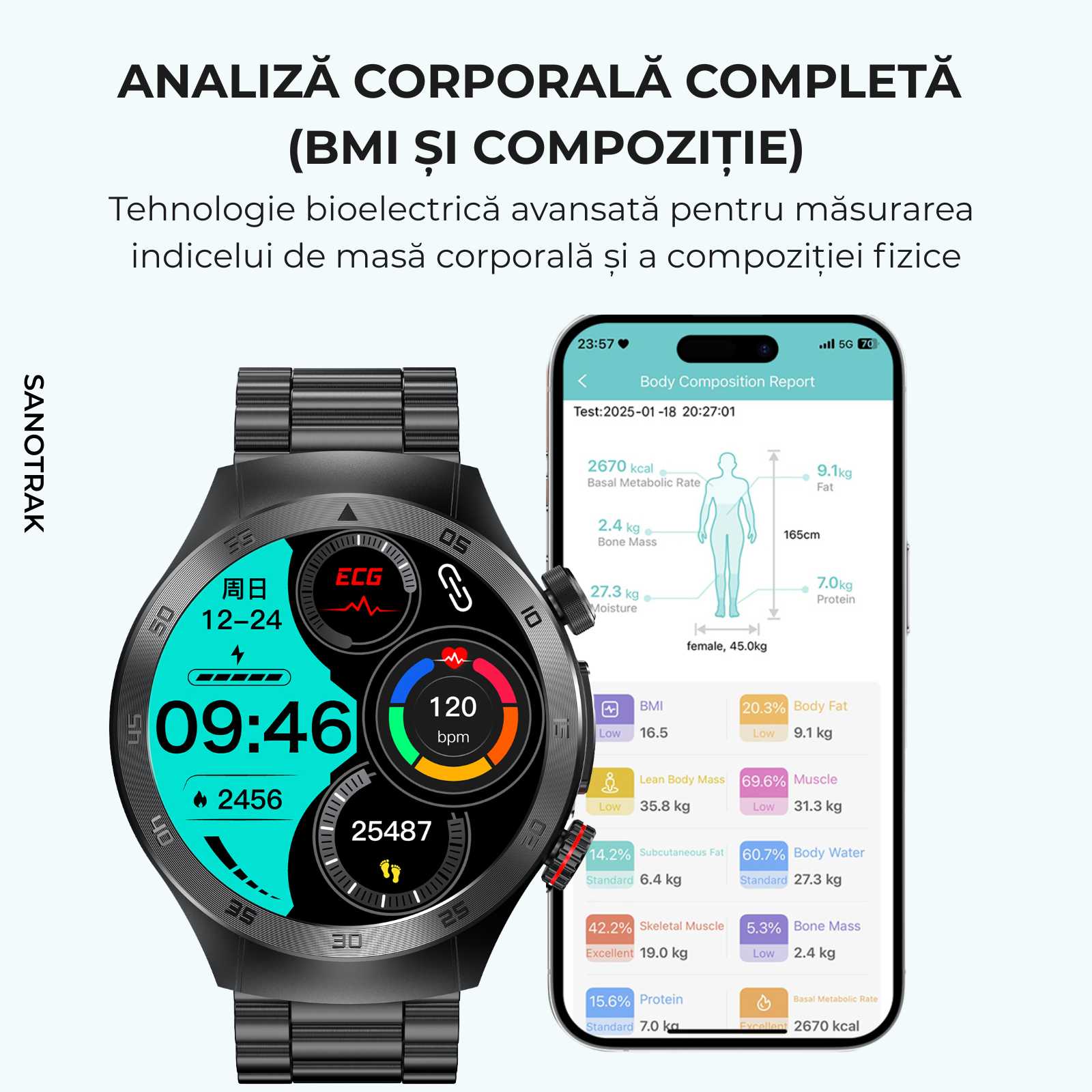 Ceas Smartwatch SANOTRAK Agent cu Monitorizare Avansată a Sănătății și Meniu în Limba Română