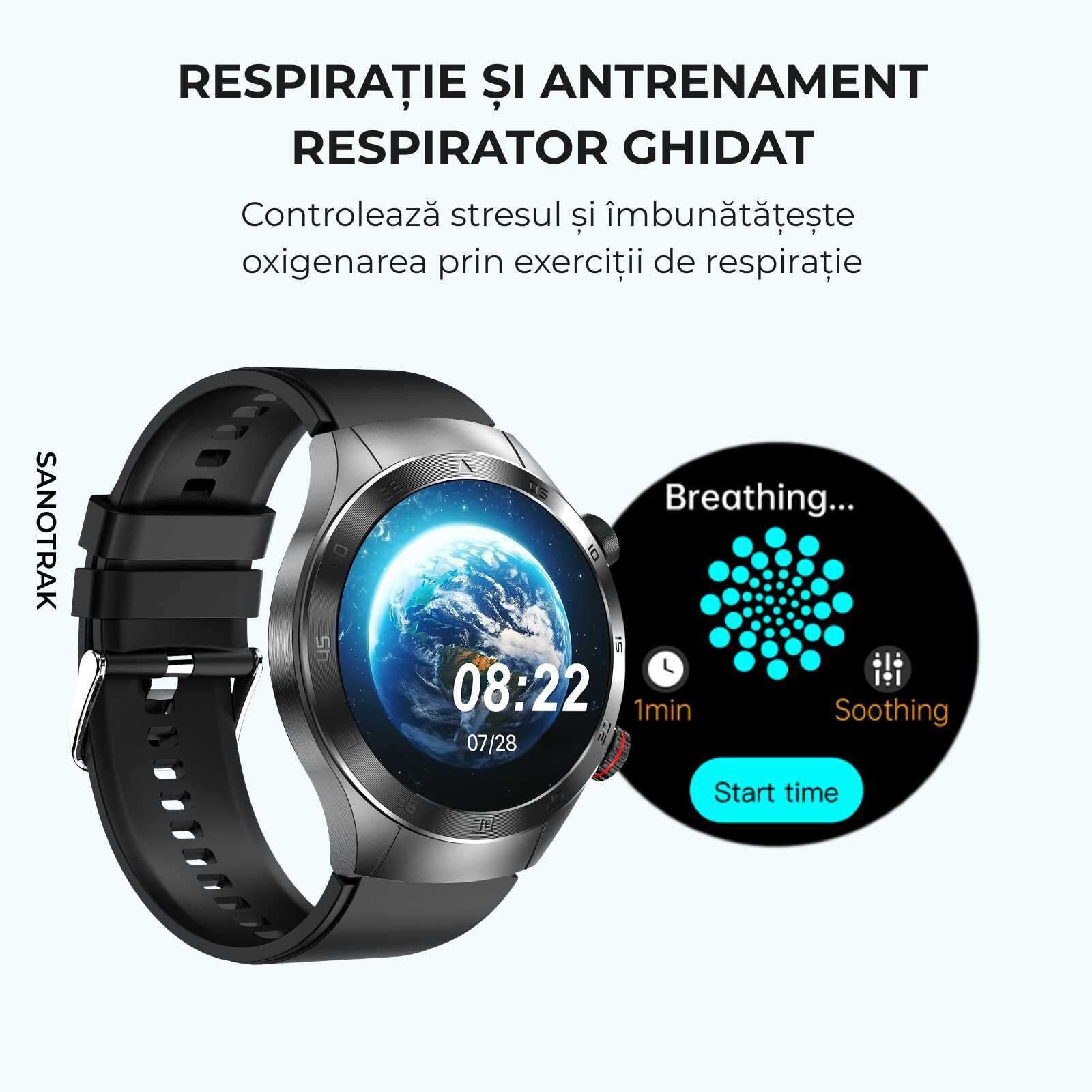 Ceas Smartwatch SANOTRAK Agent cu Monitorizare Avansată a Sănătății și Meniu în Limba Română
