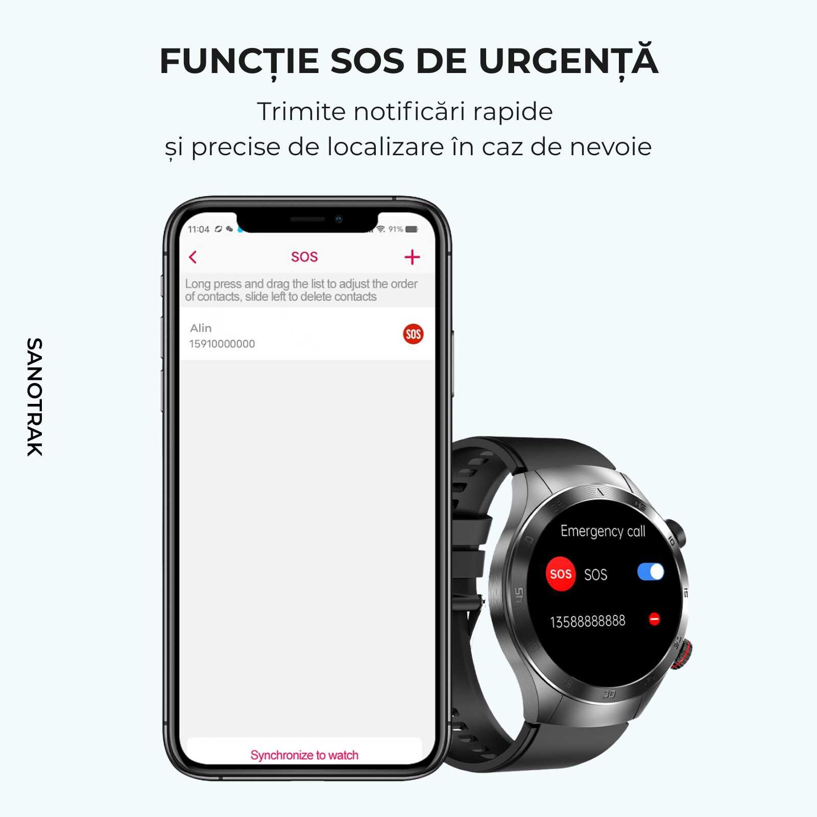 Ceas Smartwatch SANOTRAK Agent cu Monitorizare Avansată a Sănătății și Meniu în Limba Română