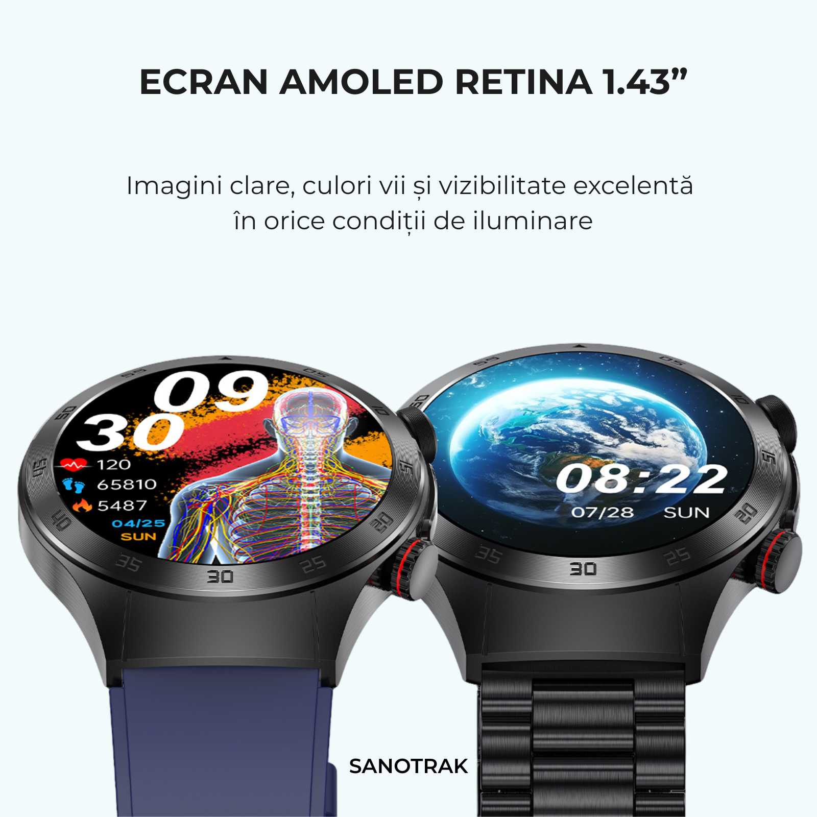Ceas Smartwatch SANOTRAK Agent cu Monitorizare Avansată a Sănătății și Meniu în Limba Română