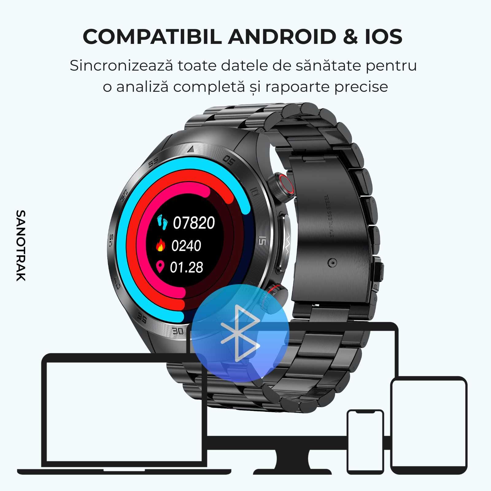 Ceas Smartwatch SANOTRAK Agent cu Monitorizare Avansată a Sănătății și Meniu în Limba Română