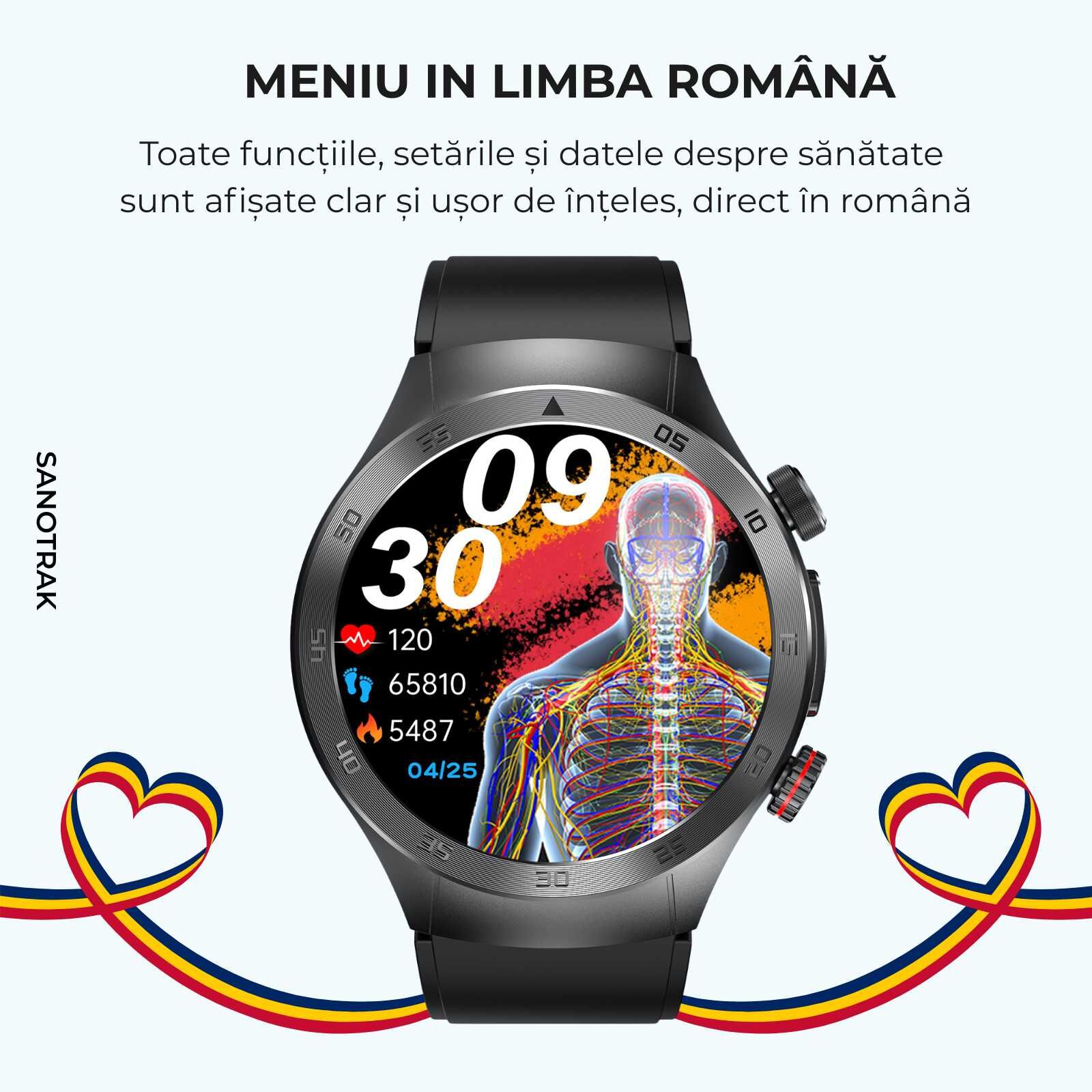 Ceas Smartwatch SANOTRAK Agent cu Monitorizare Avansată a Sănătății și Meniu în Limba Română