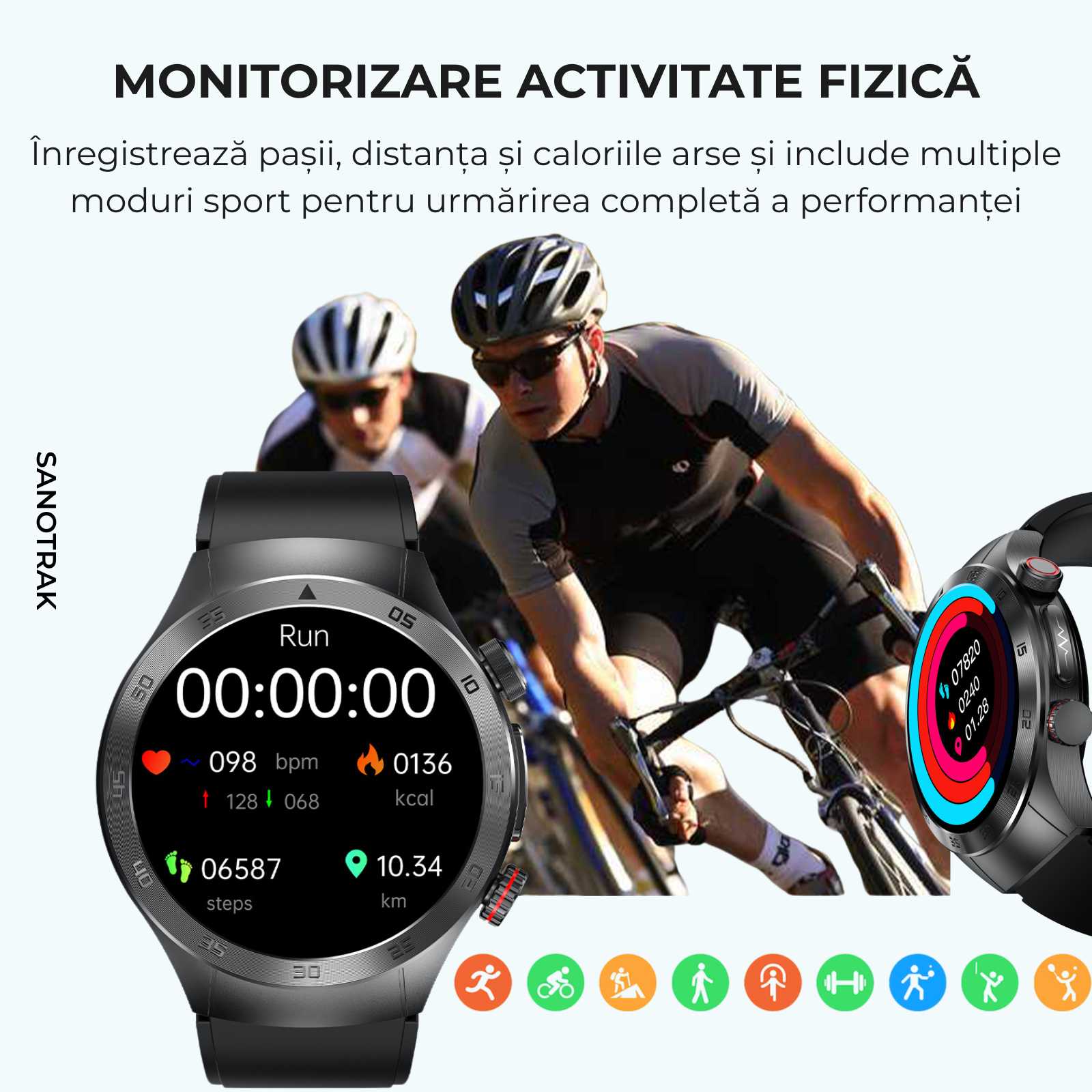 Ceas Smartwatch SANOTRAK Agent cu Monitorizare Avansată a Sănătății și Meniu în Limba Română
