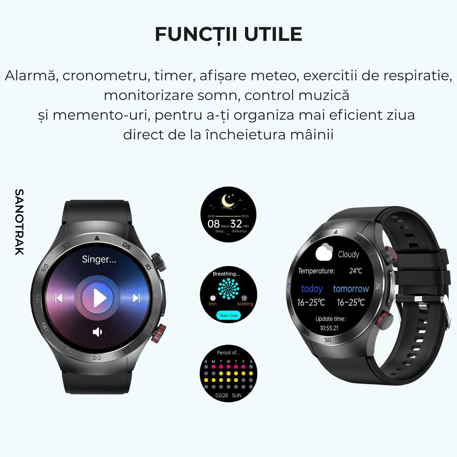 Ceas Smartwatch SANOTRAK Agent cu Monitorizare Avansată a Sănătății și Meniu în Limba Română