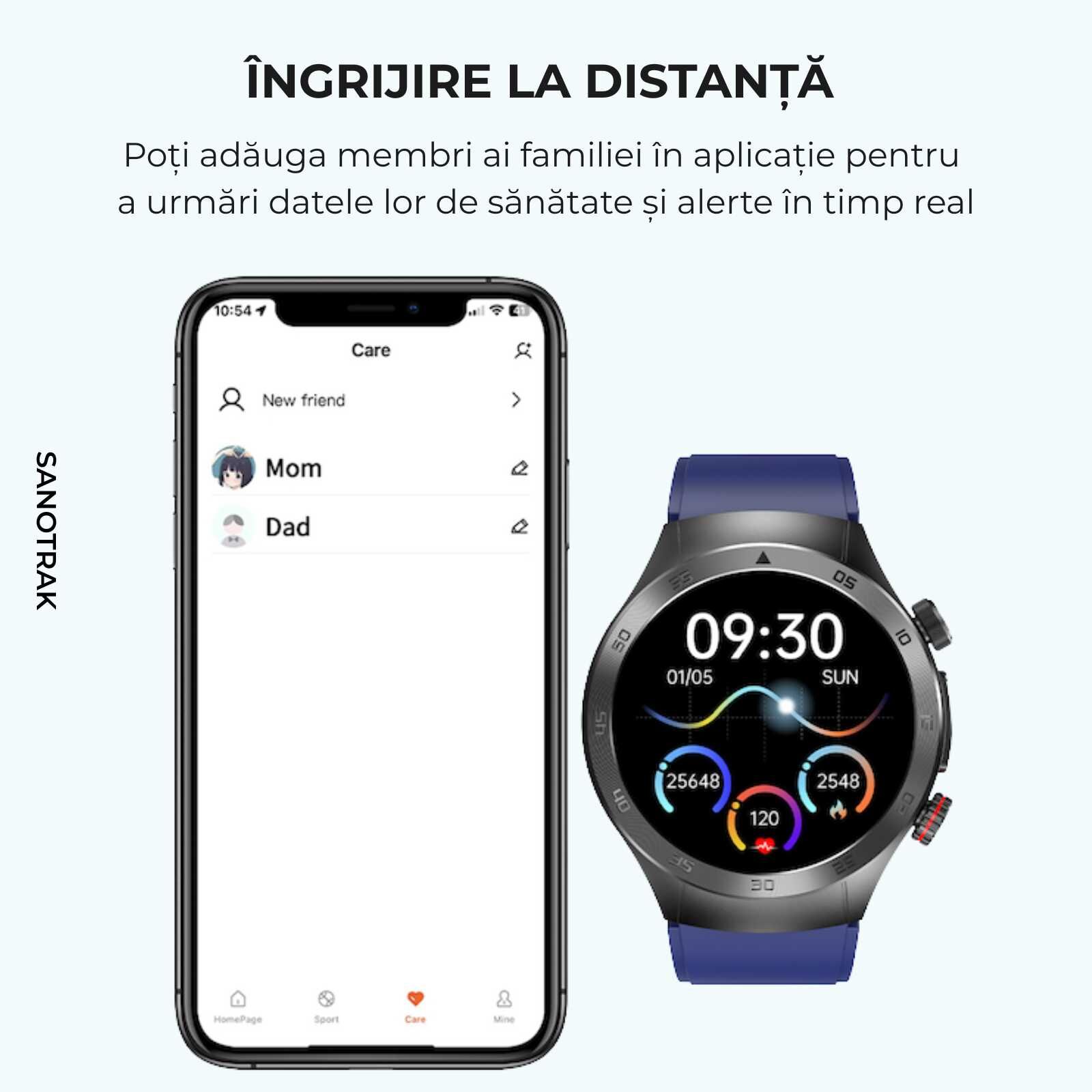 Ceas Smartwatch SANOTRAK Agent cu Monitorizare Avansată a Sănătății și Meniu în Limba Română