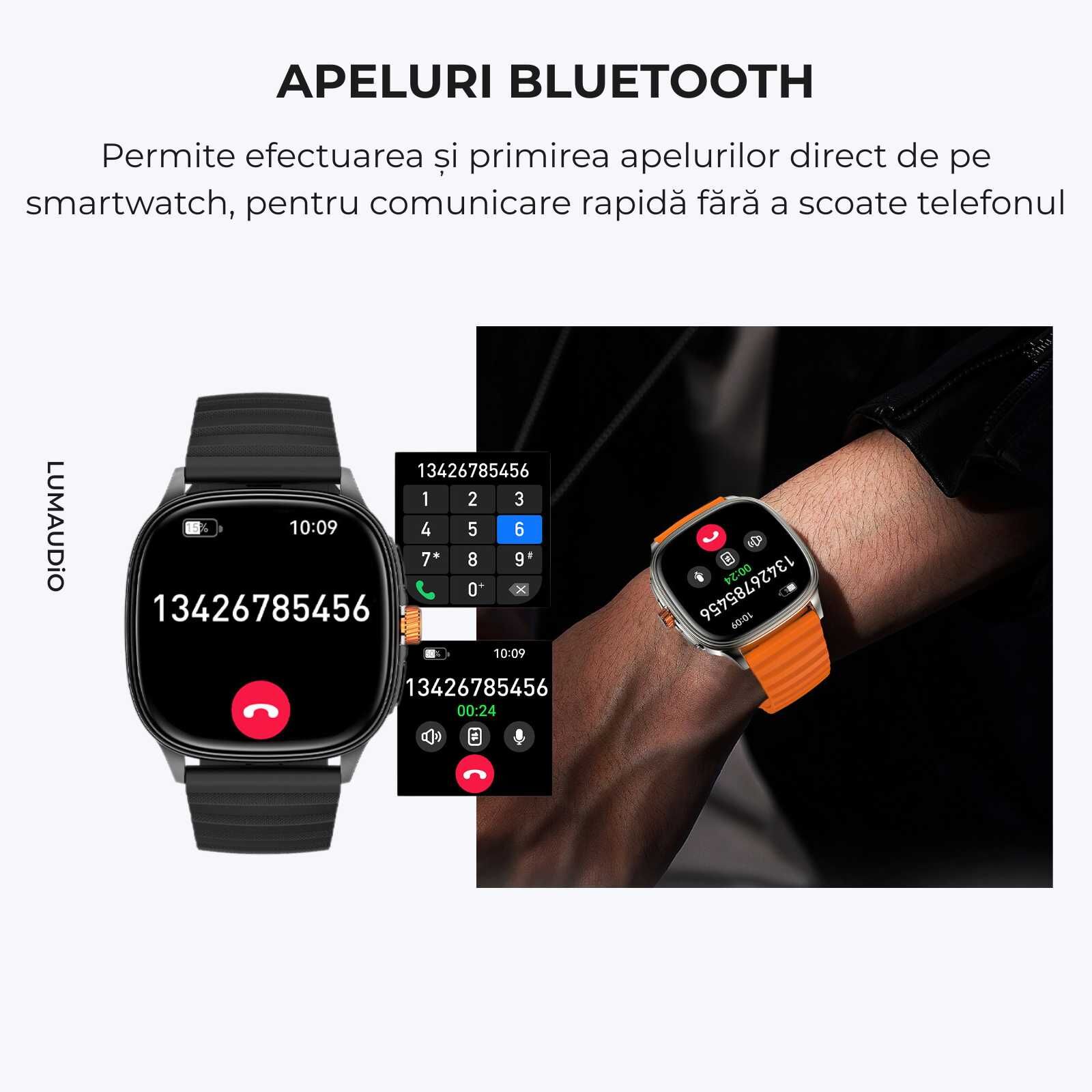 Ceas Smartwatch Bărbați LUMAUDiO® Falcon cu Ecran AMOLED 1.73", Apeluri Bluetooth și Notificări Aplicații