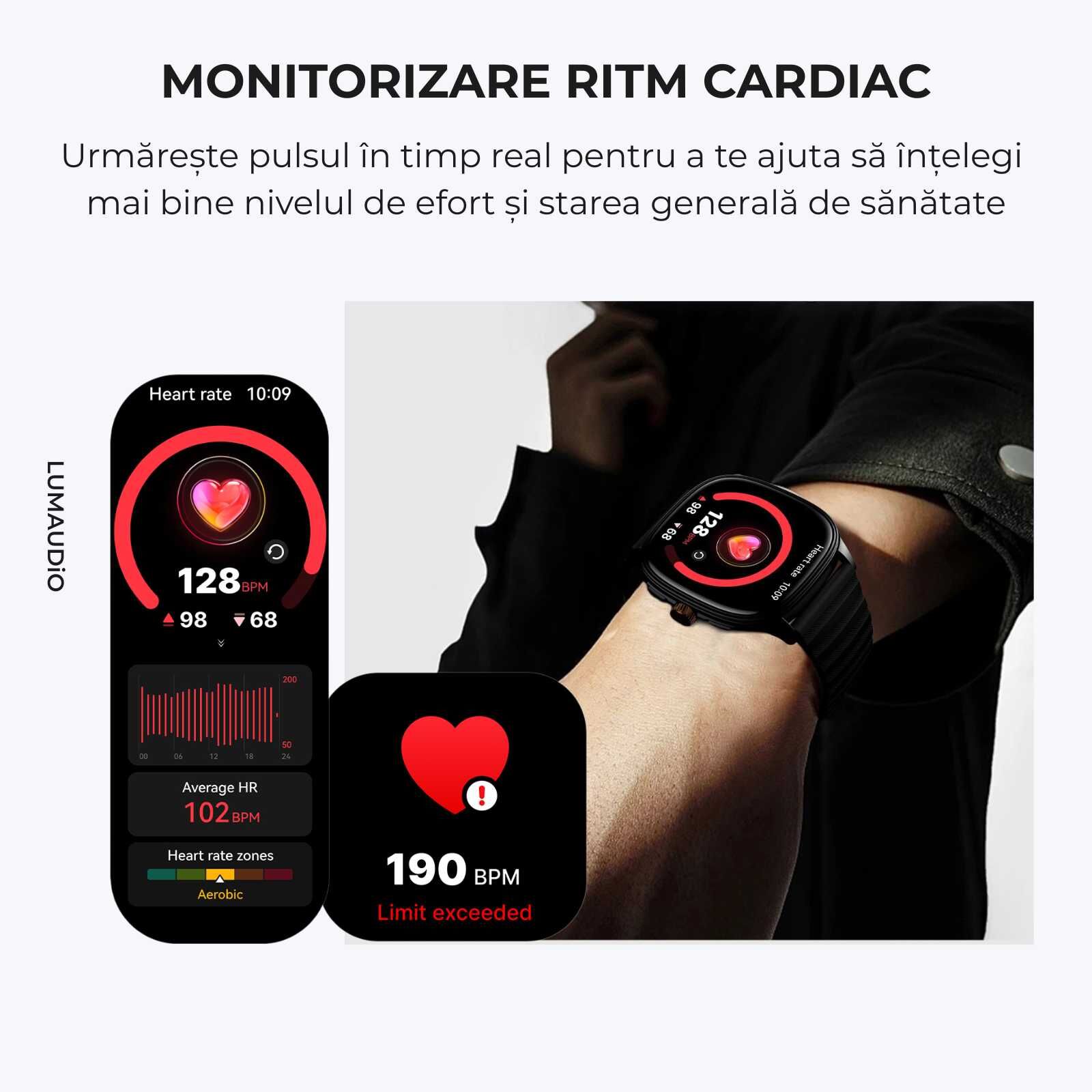 Ceas Smartwatch Bărbați LUMAUDiO® Falcon cu Ecran AMOLED 1.73", Apeluri Bluetooth și Notificări Aplicații