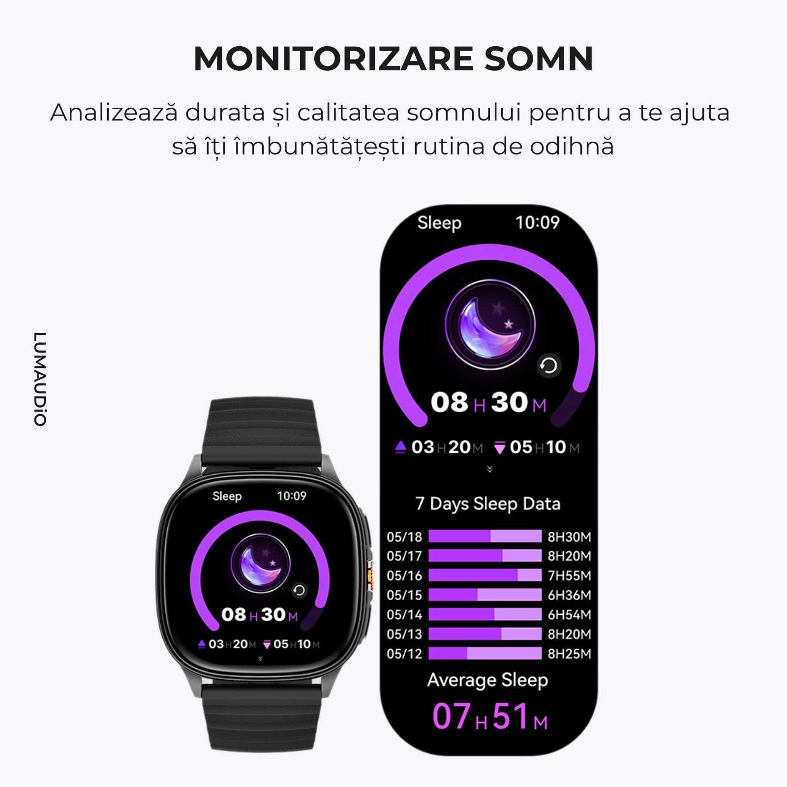 Ceas Smartwatch Bărbați LUMAUDiO® Falcon cu Ecran AMOLED 1.73", Apeluri Bluetooth și Notificări Aplicații