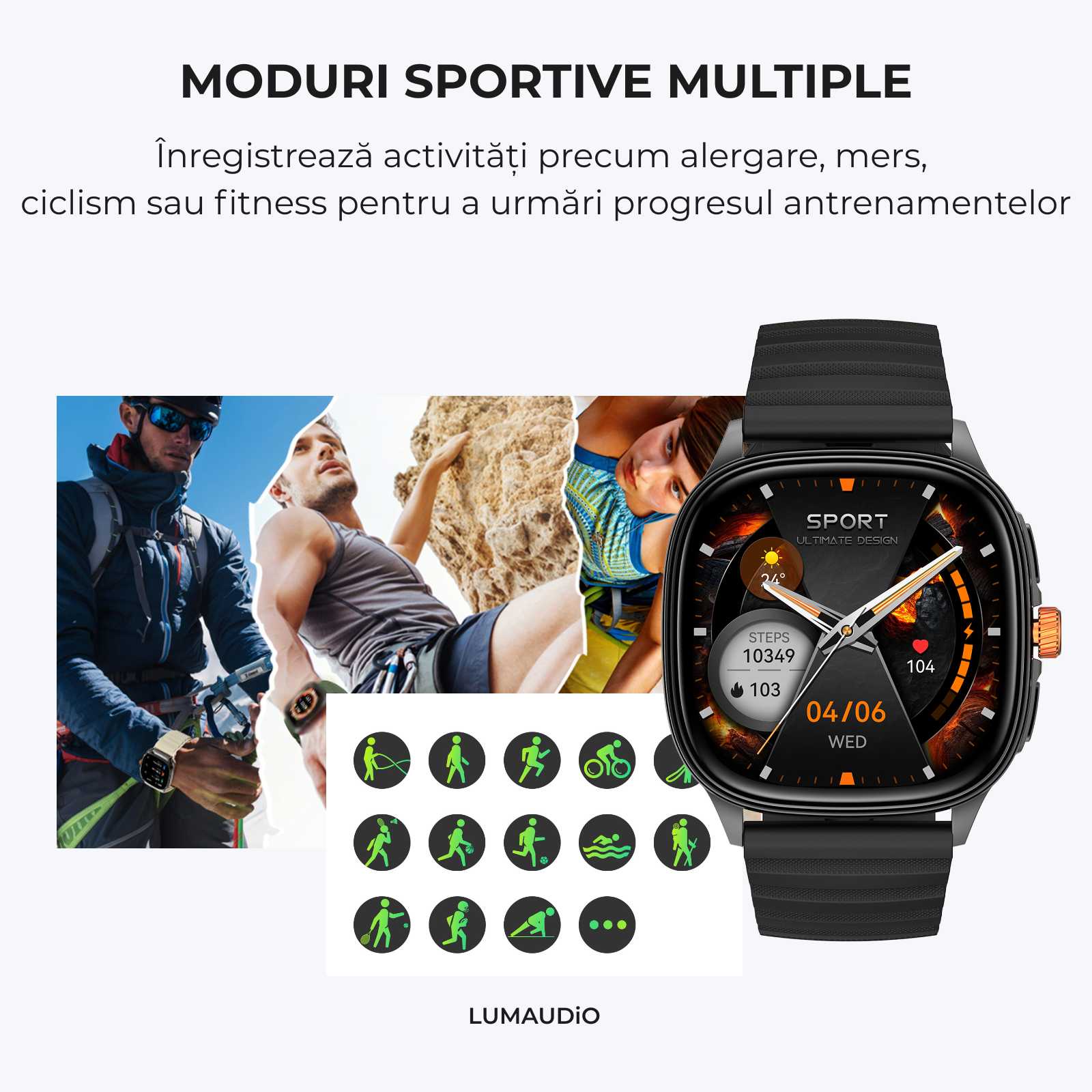 Ceas Smartwatch Bărbați LUMAUDiO® Falcon cu Ecran AMOLED 1.73", Apeluri Bluetooth și Notificări Aplicații