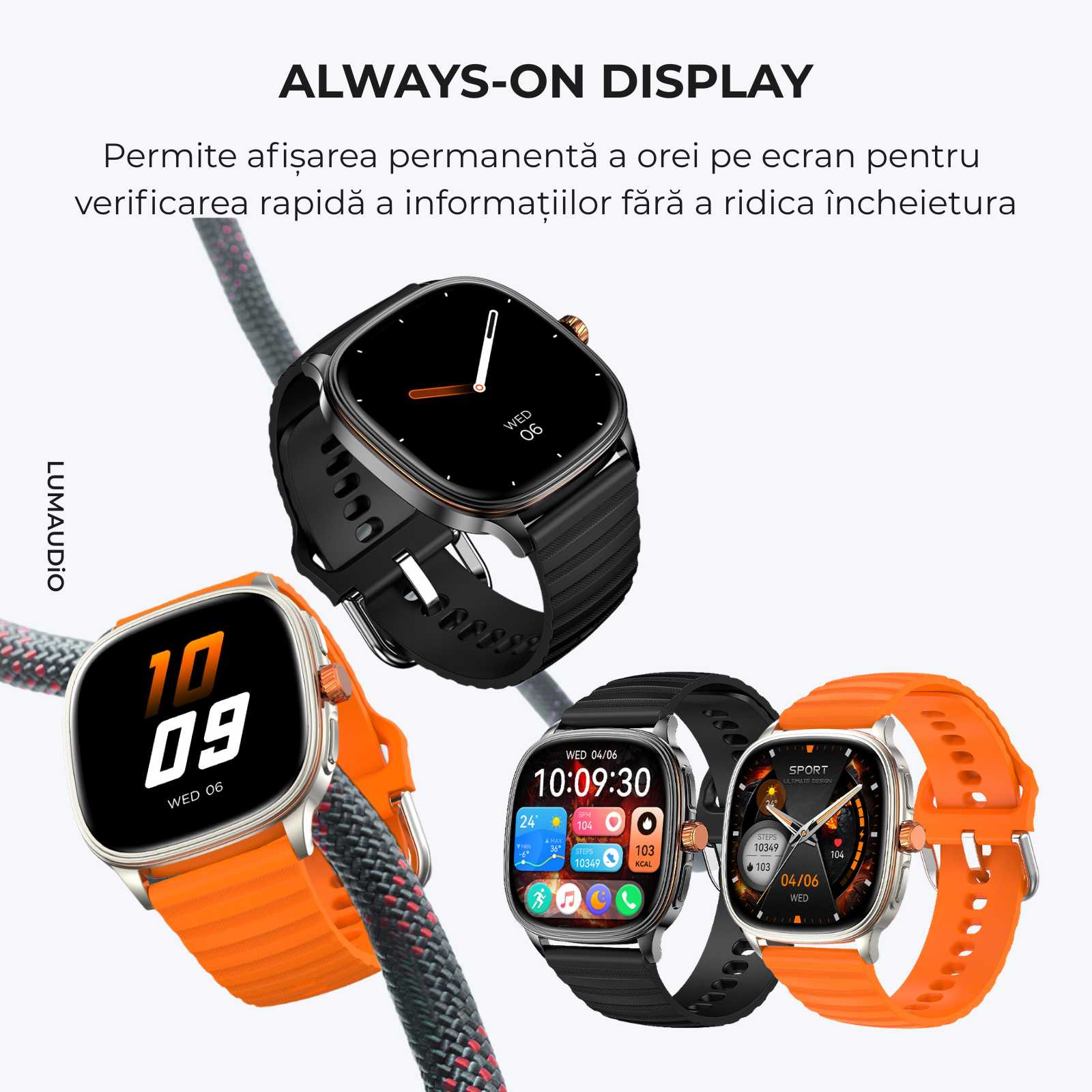 Ceas Smartwatch Bărbați LUMAUDiO® Falcon cu Ecran AMOLED 1.73", Apeluri Bluetooth și Notificări Aplicații