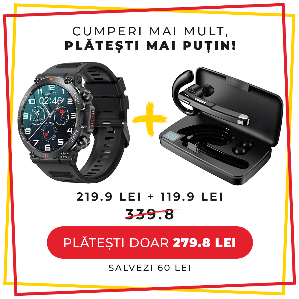 Pachet PROMO LUMAUDiO, Smartwatch Rugged + Casca Bluetooth Wireless Action