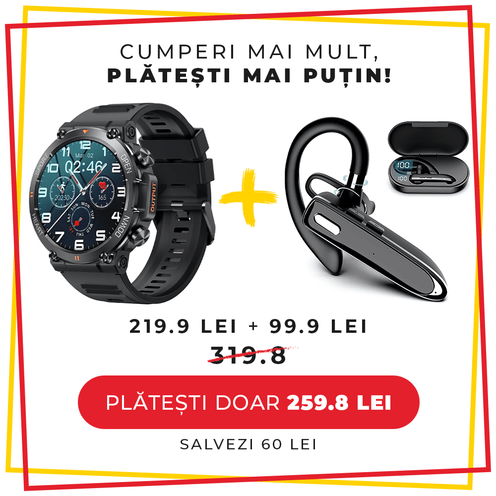 Pachet PROMO LUMAUDiO, Smartwatch Rugged + Casca Bluetooth Wireless Ring