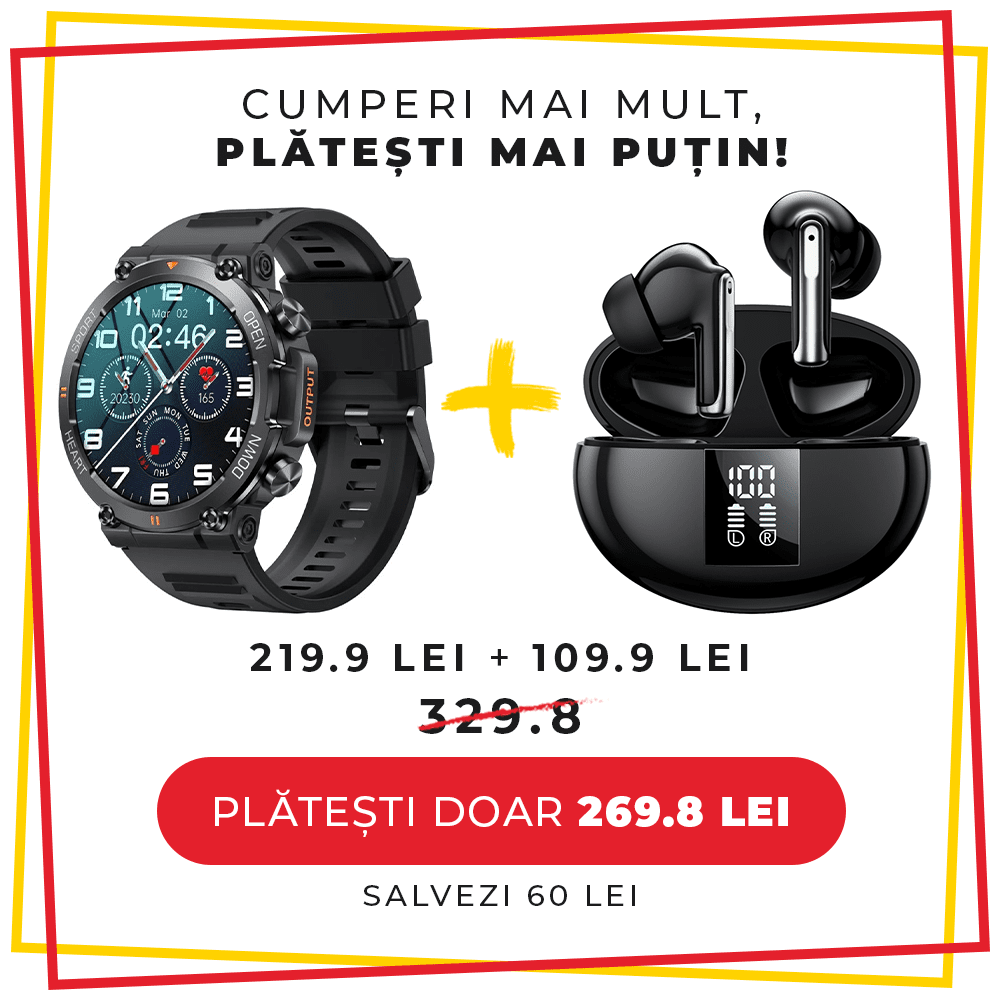 Set cadou LUMAUDiO, Smartwatch Rugged + Casti Bluetooth Wireless Zoundx