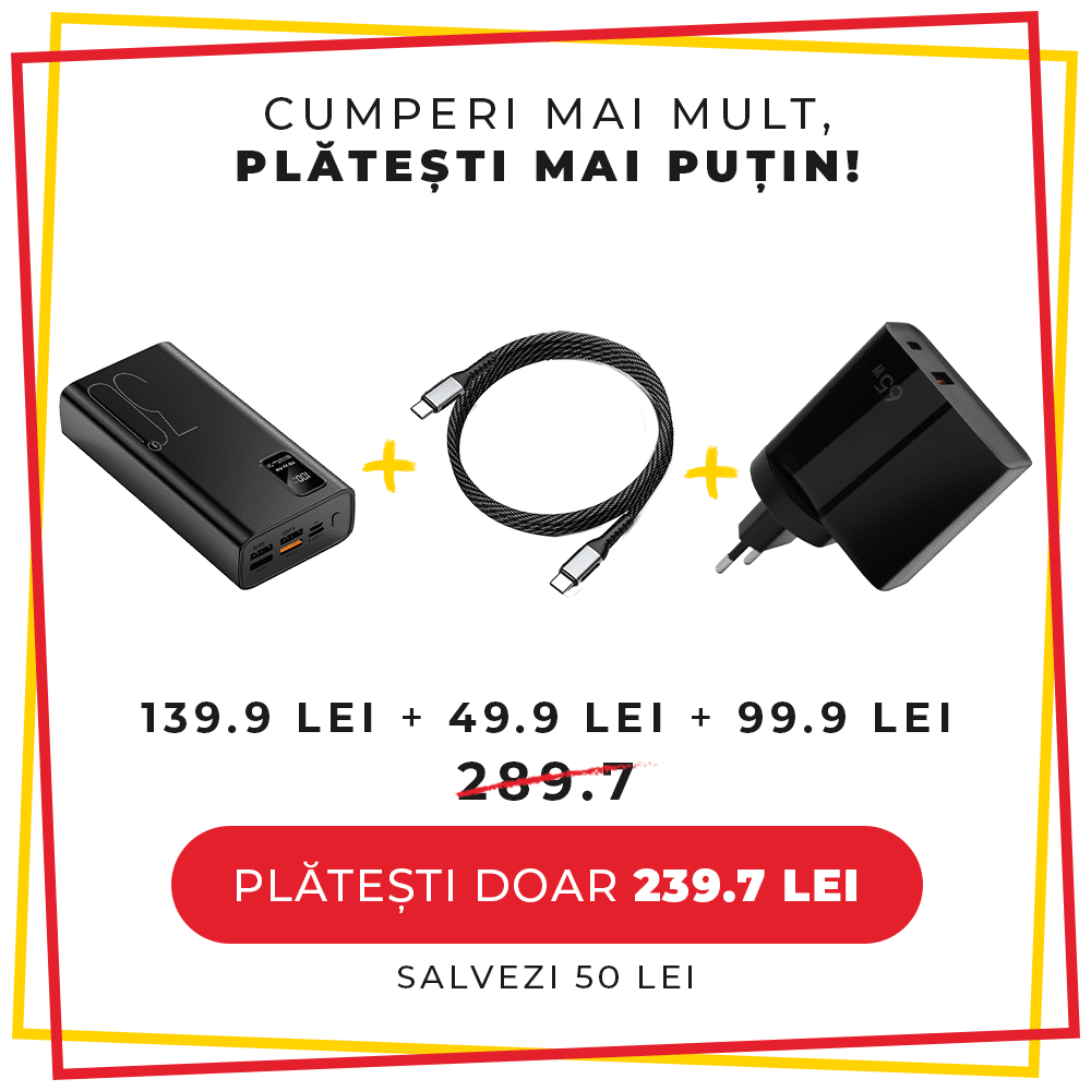 Pachet PROMO LUMAUDiO, Baterie externă Beast, capacitate 30.000mAh  + Cablu USB 100W Tip C + Incarcator ® Flash 65W