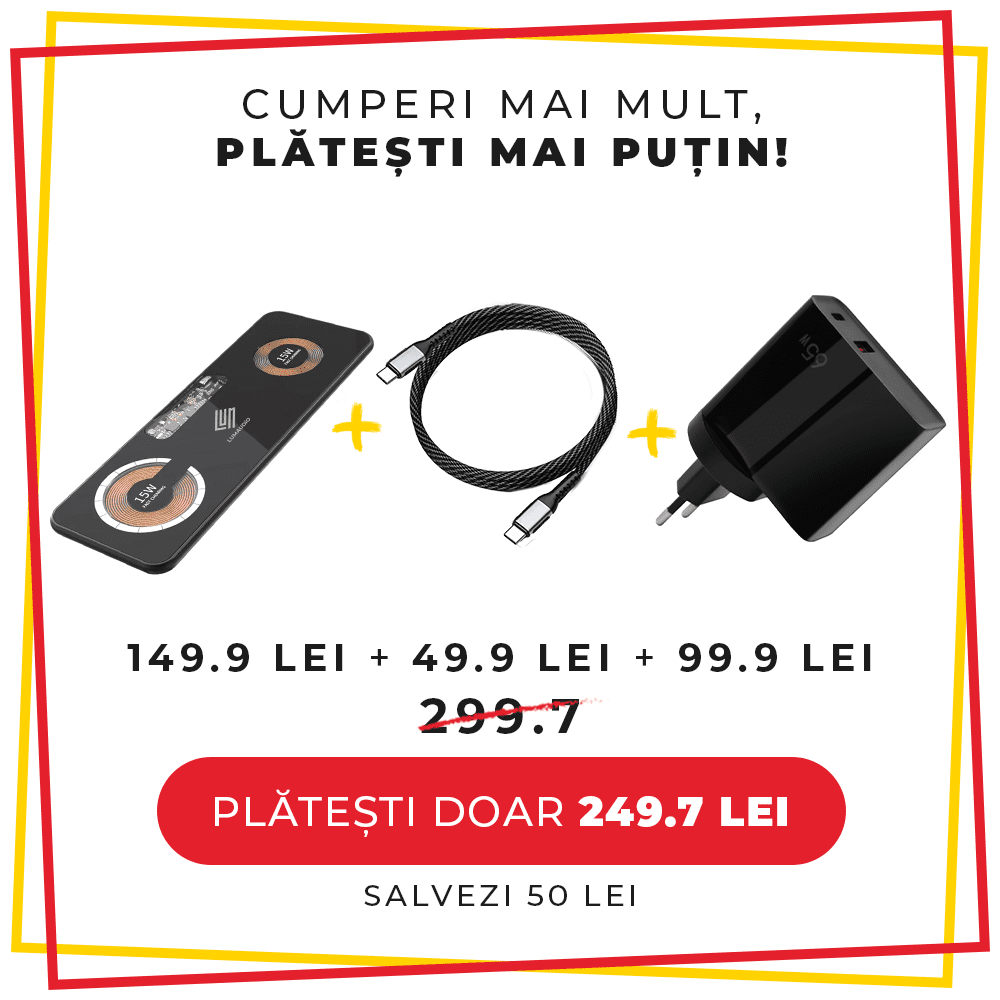 Pachet PROMO LUMAUDiO, Incarcator Wireless GlassCore 15W + Cablu USB 100W Tip C  + Incarcator  Flash 65W