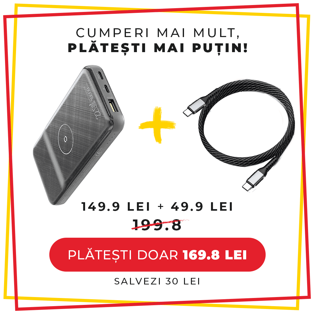 Pachet PROMO LUMAUDiO, Baterie externa Magnetic Power, 10.000 mAh  + Cablu USB 100W Tip C