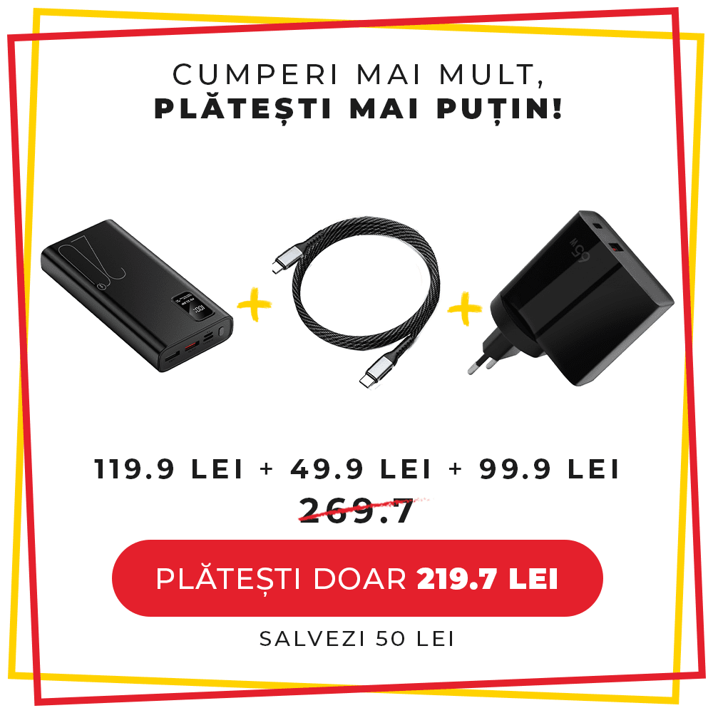 Pachet PROMO LUMAUDiO, Baterie externă Power capacitate 20.000mAh + Cablu USB 100W Tip C + Incarcator Flash 65W