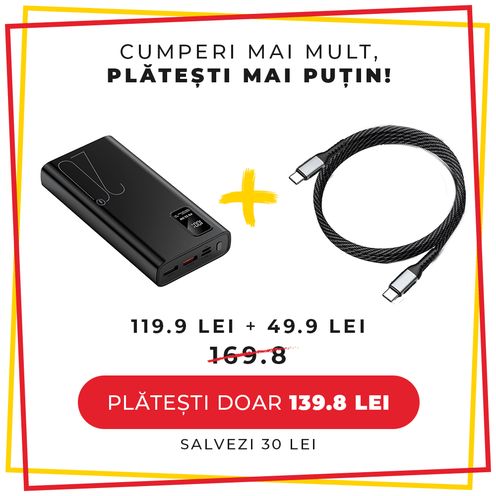 Pachet PROMO LUMAUDiO, Baterie externă Power capacitate 20.000mAh + Cablu USB 100W Tip C