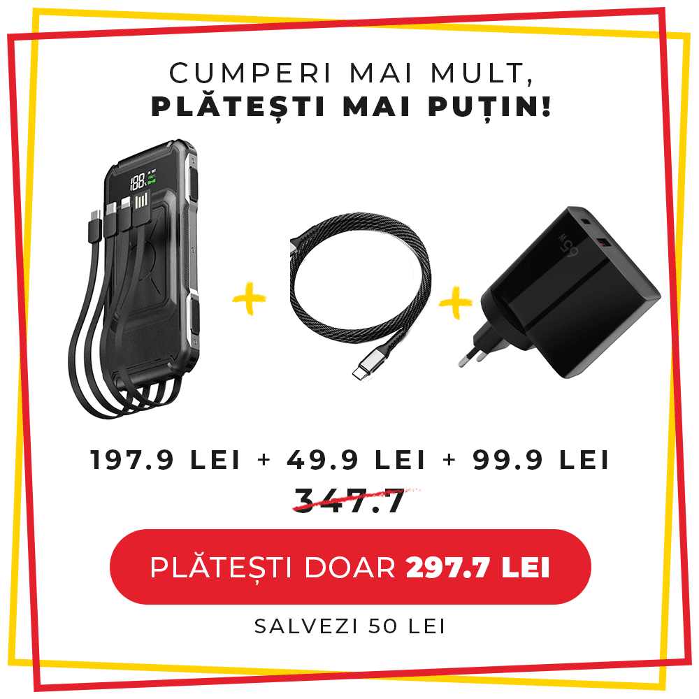 Pachet PROMO LUMAUDiO, Baterie externa Warrior, 20.000 mAh  + Cablu USB 100W Tip C + Incarcator Flash 65W